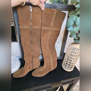 Michael Kors Malin Over The Knee Boots Brown And Gold Suede Boots Size 9